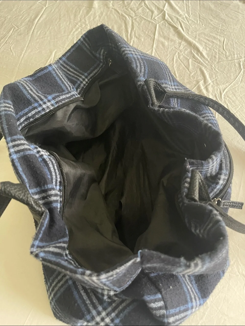 Plaid Navy Blue Tote Bag with Black Handles